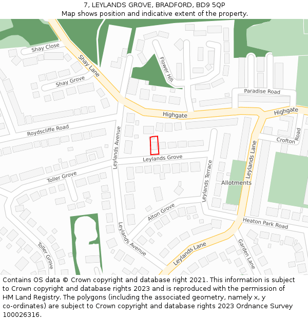 7, LEYLANDS GROVE, BRADFORD, BD9 5QP: Location map and indicative extent of plot