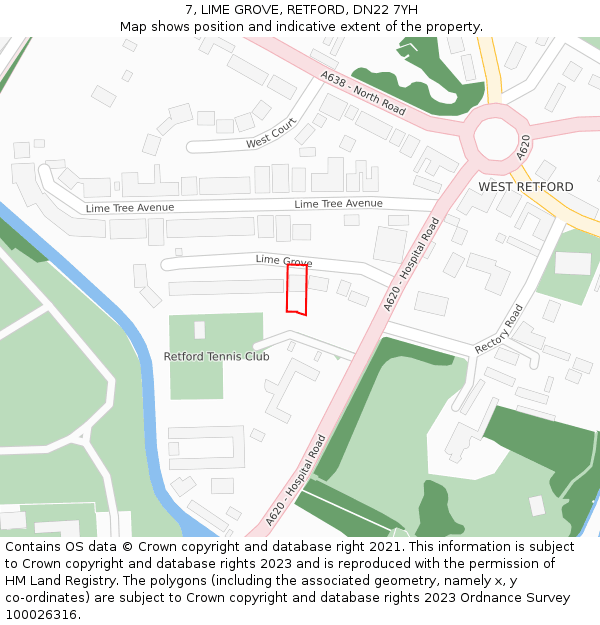 7, LIME GROVE, RETFORD, DN22 7YH: Location map and indicative extent of plot