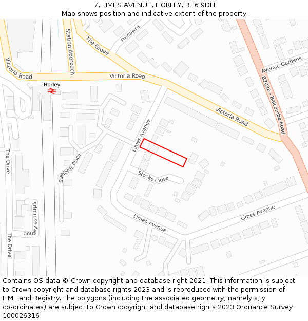 7, LIMES AVENUE, HORLEY, RH6 9DH: Location map and indicative extent of plot