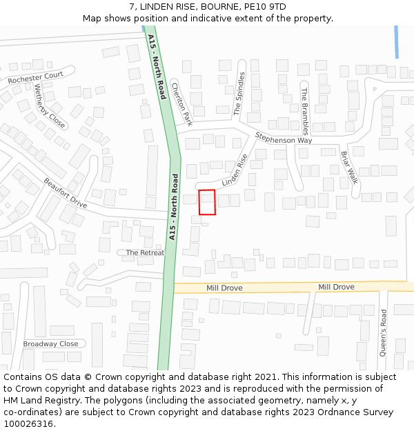 7, LINDEN RISE, BOURNE, PE10 9TD: Location map and indicative extent of plot