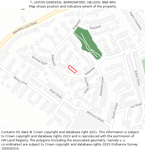 7, LINTON GARDENS, BARROWFORD, NELSON, BB9 8RG: Location map and indicative extent of plot