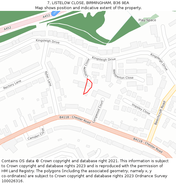 7, LISTELOW CLOSE, BIRMINGHAM, B36 9EA: Location map and indicative extent of plot