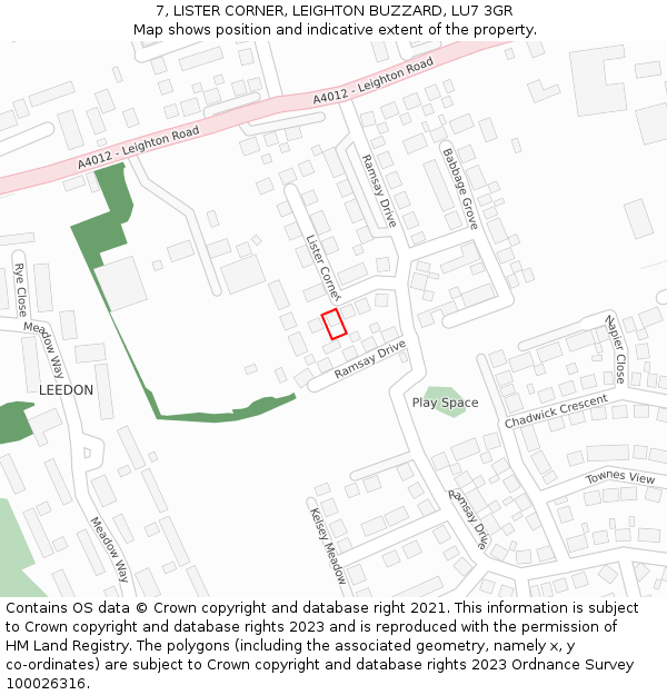 7, LISTER CORNER, LEIGHTON BUZZARD, LU7 3GR: Location map and indicative extent of plot