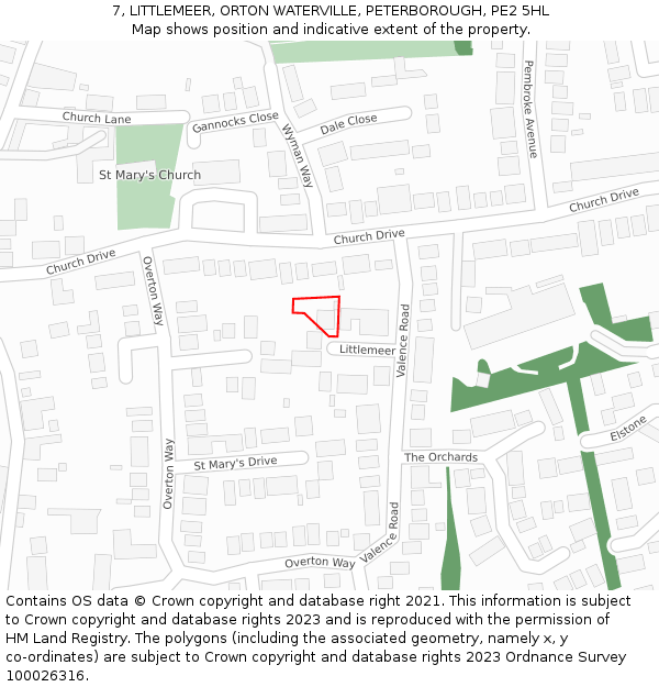 7, LITTLEMEER, ORTON WATERVILLE, PETERBOROUGH, PE2 5HL: Location map and indicative extent of plot