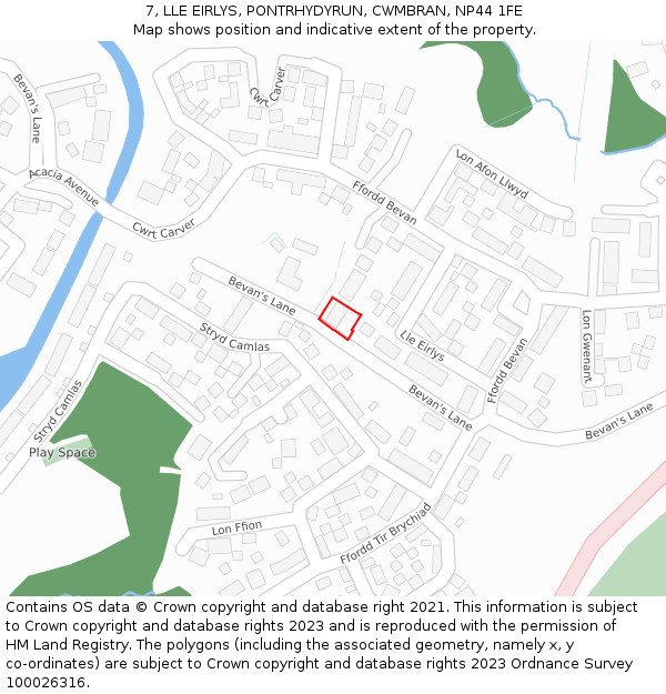 7, LLE EIRLYS, PONTRHYDYRUN, CWMBRAN, NP44 1FE: Location map and indicative extent of plot