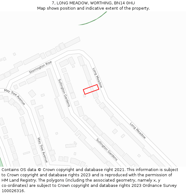 7, LONG MEADOW, WORTHING, BN14 0HU: Location map and indicative extent of plot