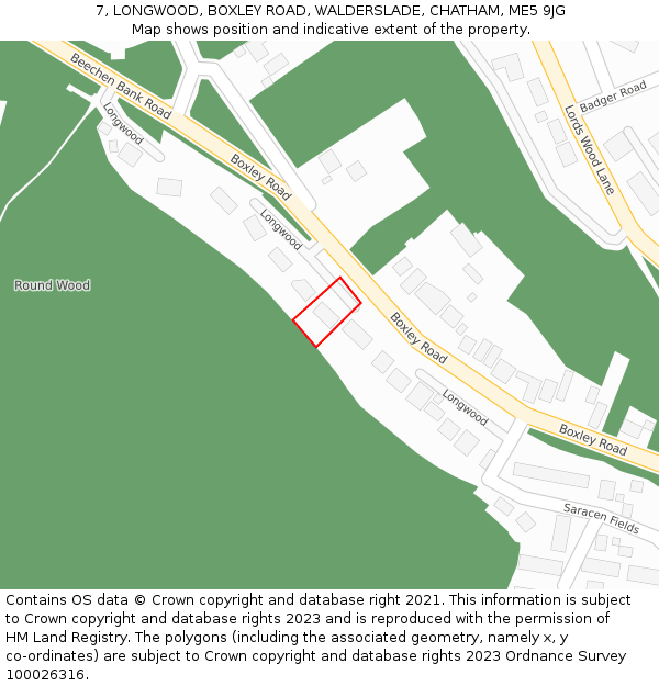 7, LONGWOOD, BOXLEY ROAD, WALDERSLADE, CHATHAM, ME5 9JG: Location map and indicative extent of plot