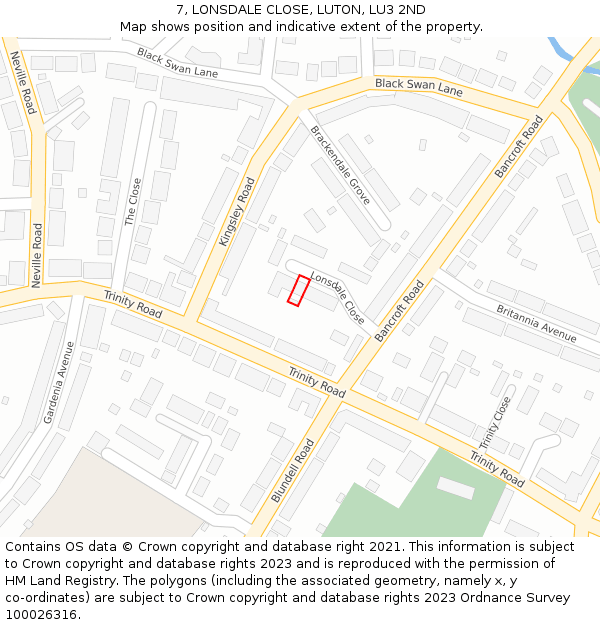 7, LONSDALE CLOSE, LUTON, LU3 2ND: Location map and indicative extent of plot