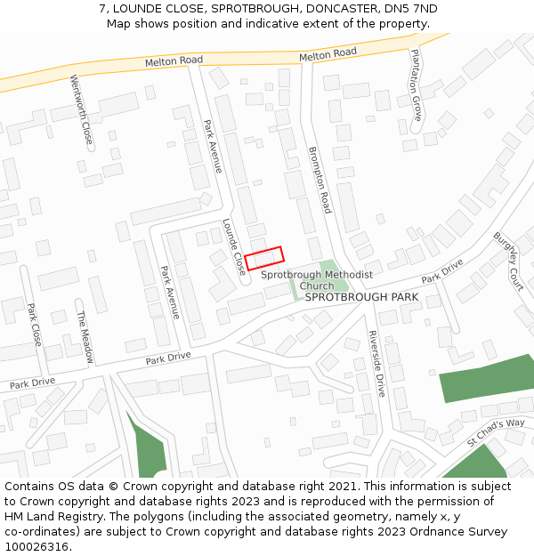 7, LOUNDE CLOSE, SPROTBROUGH, DONCASTER, DN5 7ND: Location map and indicative extent of plot