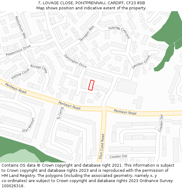 7, LOVAGE CLOSE, PONTPRENNAU, CARDIFF, CF23 8SB: Location map and indicative extent of plot