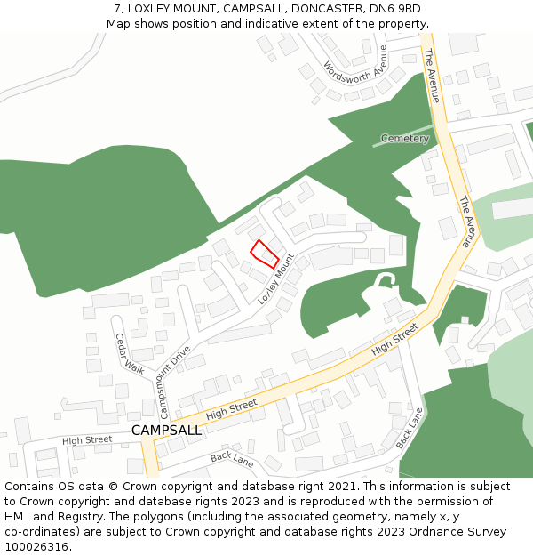 7, LOXLEY MOUNT, CAMPSALL, DONCASTER, DN6 9RD: Location map and indicative extent of plot