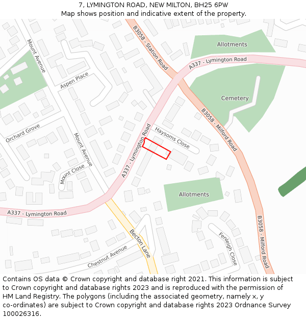 7, LYMINGTON ROAD, NEW MILTON, BH25 6PW: Location map and indicative extent of plot