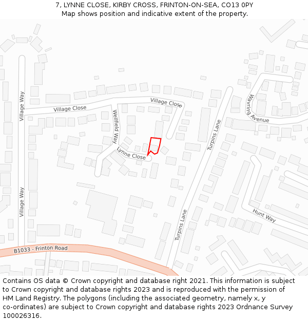 7, LYNNE CLOSE, KIRBY CROSS, FRINTON-ON-SEA, CO13 0PY: Location map and indicative extent of plot