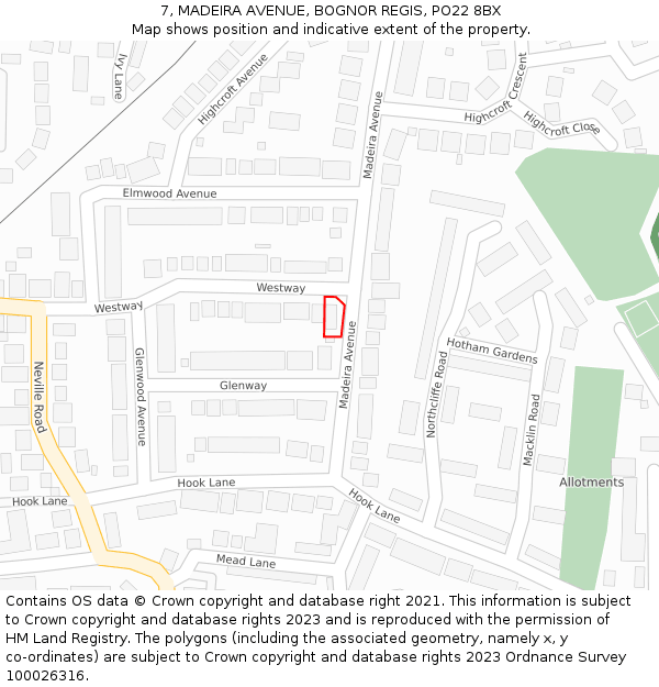 7, MADEIRA AVENUE, BOGNOR REGIS, PO22 8BX: Location map and indicative extent of plot