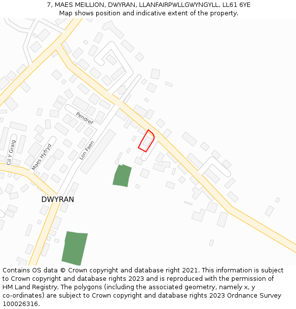 7, MAES MEILLION, DWYRAN, LLANFAIRPWLLGWYNGYLL, LL61 6YE: Location map and indicative extent of plot