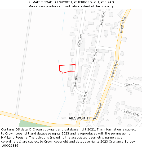 7, MAFFIT ROAD, AILSWORTH, PETERBOROUGH, PE5 7AG: Location map and indicative extent of plot