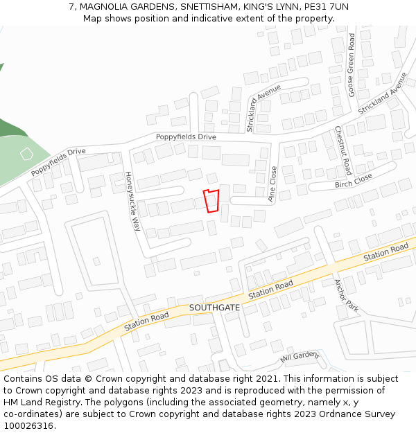 7, MAGNOLIA GARDENS, SNETTISHAM, KING'S LYNN, PE31 7UN: Location map and indicative extent of plot