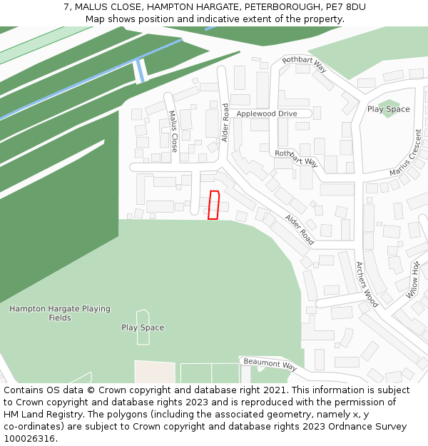 7, MALUS CLOSE, HAMPTON HARGATE, PETERBOROUGH, PE7 8DU: Location map and indicative extent of plot