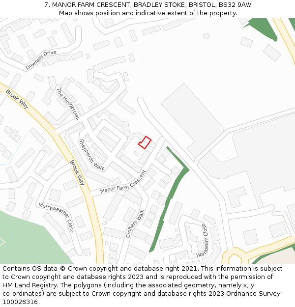 7, MANOR FARM CRESCENT, BRADLEY STOKE, BRISTOL, BS32 9AW: Location map and indicative extent of plot