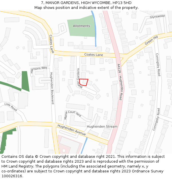 7, MANOR GARDENS, HIGH WYCOMBE, HP13 5HD: Location map and indicative extent of plot