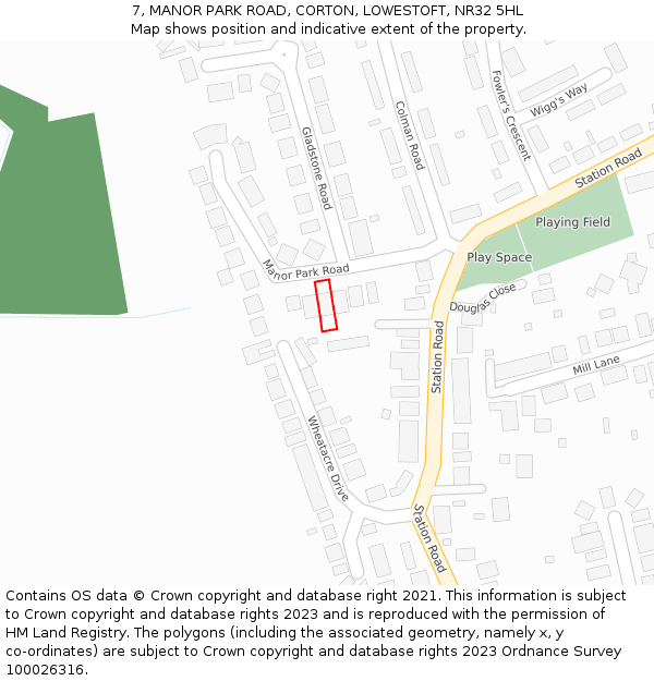 7, MANOR PARK ROAD, CORTON, LOWESTOFT, NR32 5HL: Location map and indicative extent of plot
