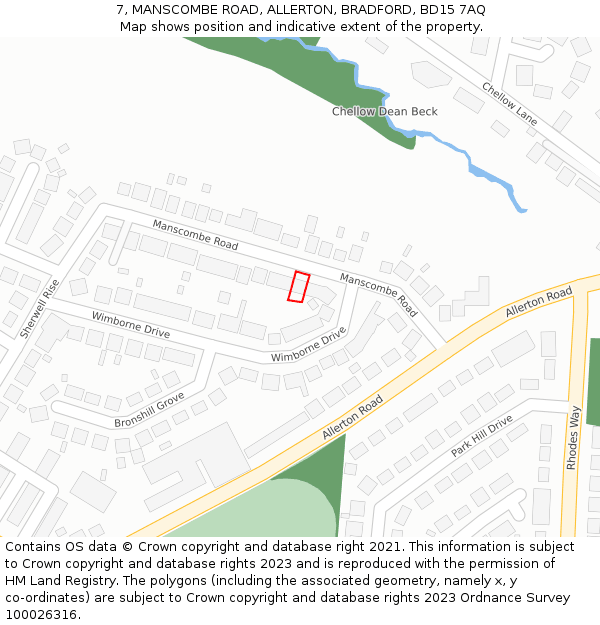 7, MANSCOMBE ROAD, ALLERTON, BRADFORD, BD15 7AQ: Location map and indicative extent of plot