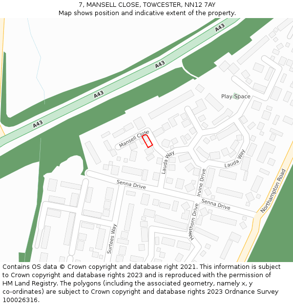 7, MANSELL CLOSE, TOWCESTER, NN12 7AY: Location map and indicative extent of plot