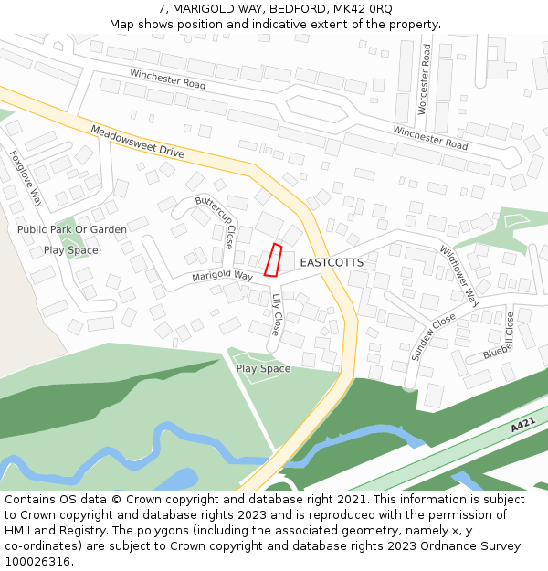 7, MARIGOLD WAY, BEDFORD, MK42 0RQ: Location map and indicative extent of plot