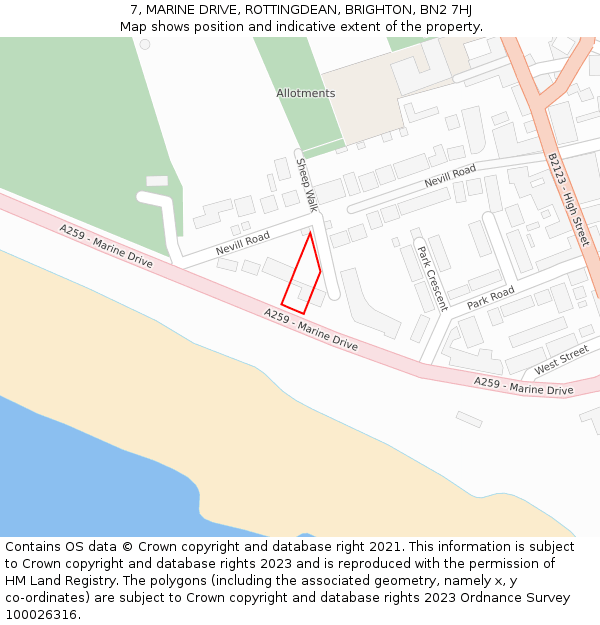 7, MARINE DRIVE, ROTTINGDEAN, BRIGHTON, BN2 7HJ: Location map and indicative extent of plot