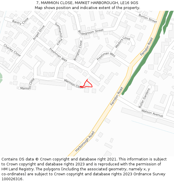 7, MARMION CLOSE, MARKET HARBOROUGH, LE16 9GS: Location map and indicative extent of plot