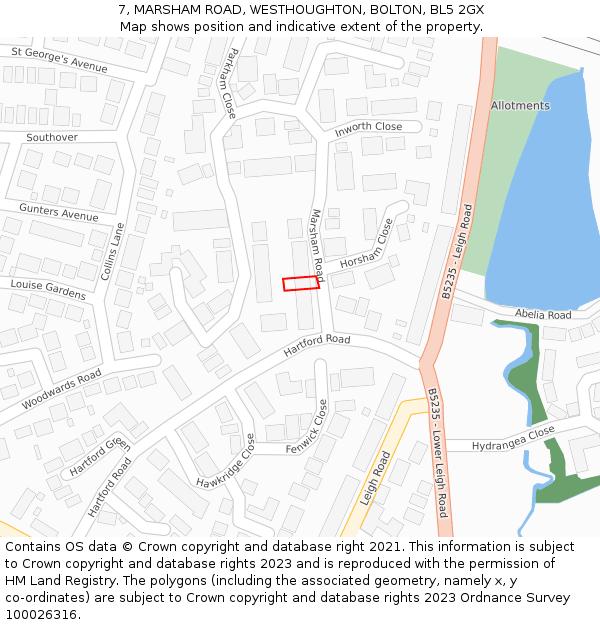7, MARSHAM ROAD, WESTHOUGHTON, BOLTON, BL5 2GX: Location map and indicative extent of plot