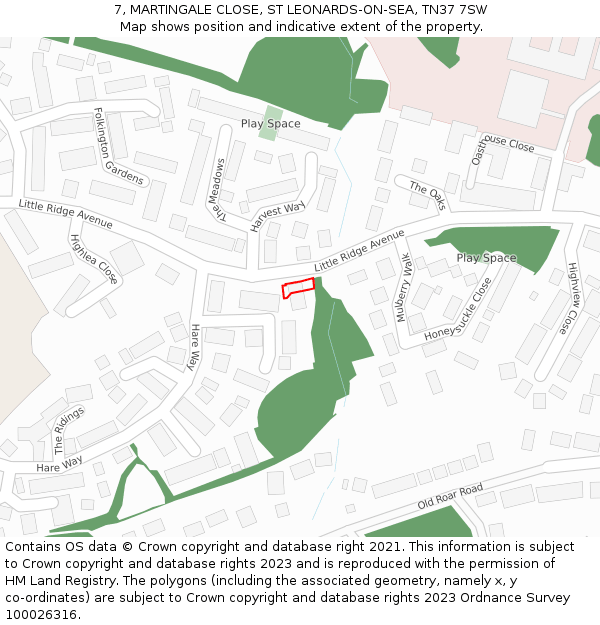 7, MARTINGALE CLOSE, ST LEONARDS-ON-SEA, TN37 7SW: Location map and indicative extent of plot