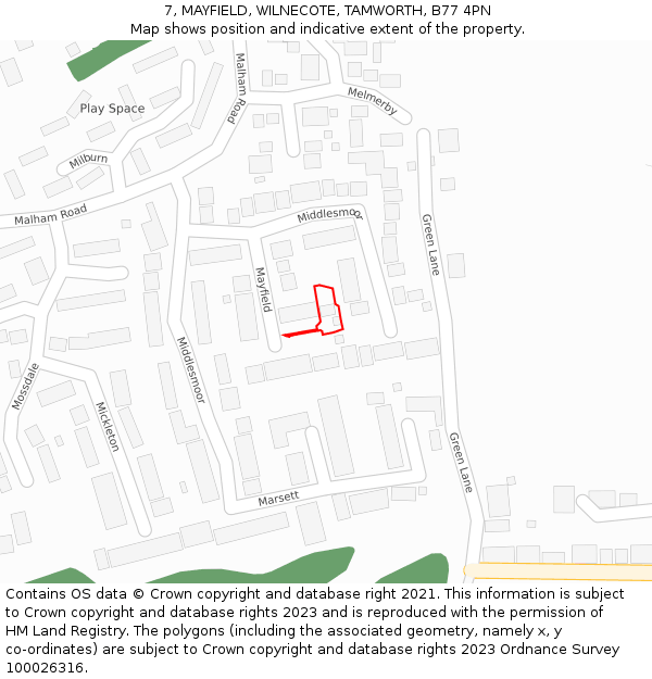 7, MAYFIELD, WILNECOTE, TAMWORTH, B77 4PN: Location map and indicative extent of plot