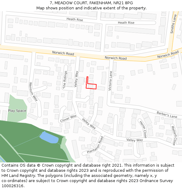7, MEADOW COURT, FAKENHAM, NR21 8PG: Location map and indicative extent of plot