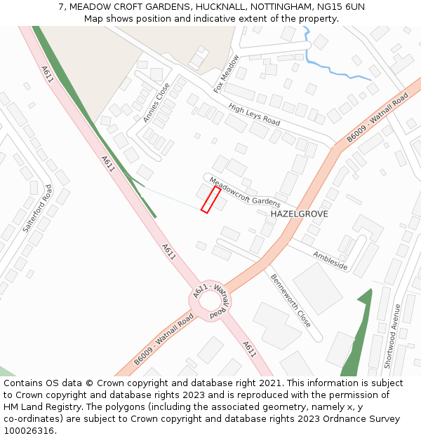 7, MEADOW CROFT GARDENS, HUCKNALL, NOTTINGHAM, NG15 6UN: Location map and indicative extent of plot