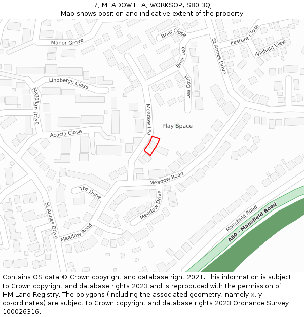 7, MEADOW LEA, WORKSOP, S80 3QJ: Location map and indicative extent of plot