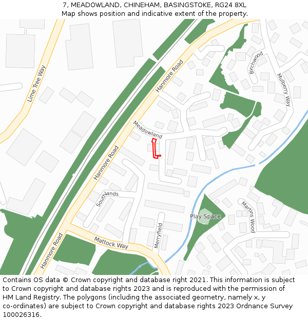 7, MEADOWLAND, CHINEHAM, BASINGSTOKE, RG24 8XL: Location map and indicative extent of plot