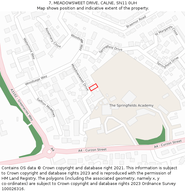7, MEADOWSWEET DRIVE, CALNE, SN11 0UH: Location map and indicative extent of plot