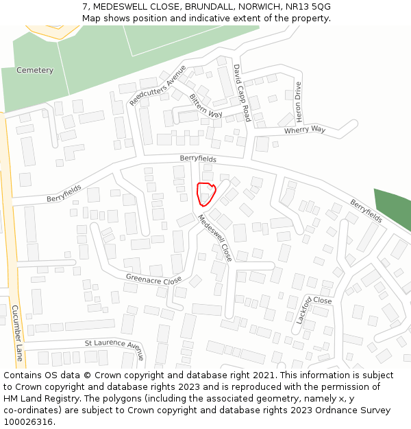 7, MEDESWELL CLOSE, BRUNDALL, NORWICH, NR13 5QG: Location map and indicative extent of plot