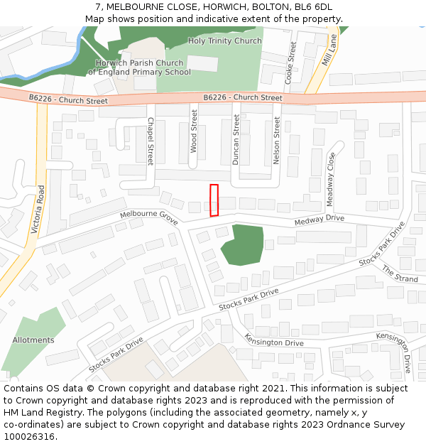 7, MELBOURNE CLOSE, HORWICH, BOLTON, BL6 6DL: Location map and indicative extent of plot