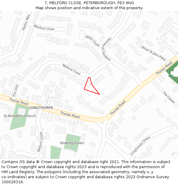 7, MELFORD CLOSE, PETERBOROUGH, PE3 9NG: Location map and indicative extent of plot