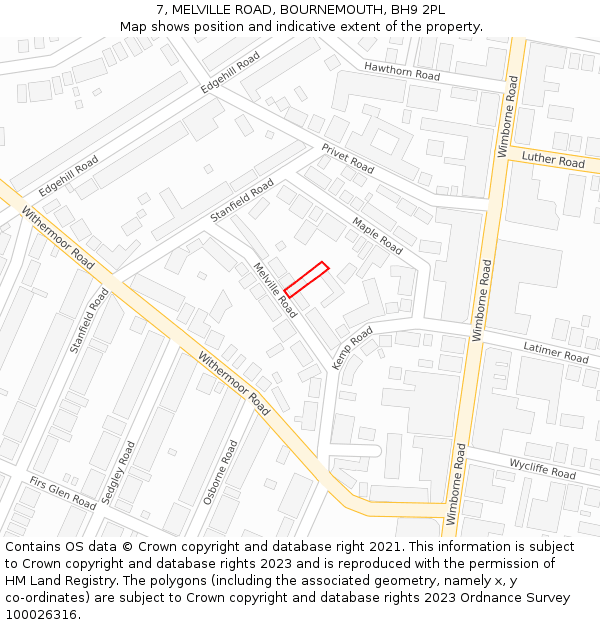 7, MELVILLE ROAD, BOURNEMOUTH, BH9 2PL: Location map and indicative extent of plot