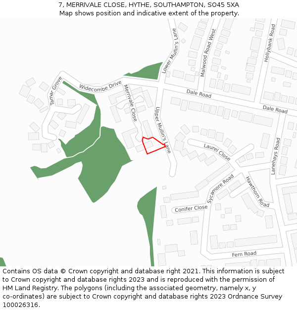 7, MERRIVALE CLOSE, HYTHE, SOUTHAMPTON, SO45 5XA: Location map and indicative extent of plot