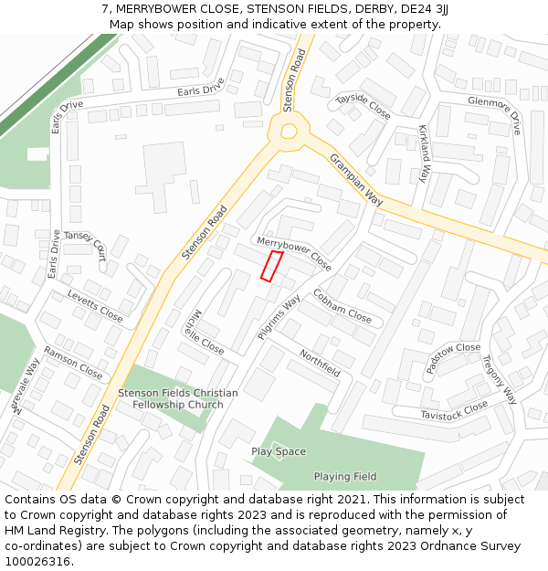 7, MERRYBOWER CLOSE, STENSON FIELDS, DERBY, DE24 3JJ: Location map and indicative extent of plot