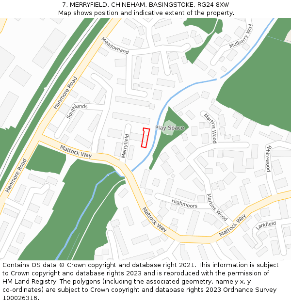 7, MERRYFIELD, CHINEHAM, BASINGSTOKE, RG24 8XW: Location map and indicative extent of plot