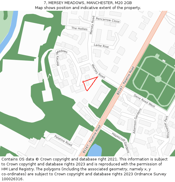 7, MERSEY MEADOWS, MANCHESTER, M20 2GB: Location map and indicative extent of plot
