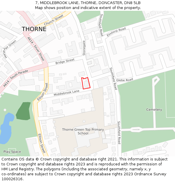 7, MIDDLEBROOK LANE, THORNE, DONCASTER, DN8 5LB: Location map and indicative extent of plot
