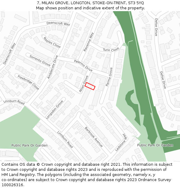 7, MILAN GROVE, LONGTON, STOKE-ON-TRENT, ST3 5YQ: Location map and indicative extent of plot