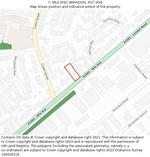 7, MILE END, BRANDON, IP27 0NG: Location map and indicative extent of plot