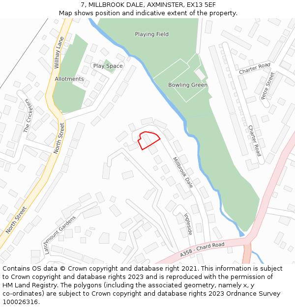 7, MILLBROOK DALE, AXMINSTER, EX13 5EF: Location map and indicative extent of plot